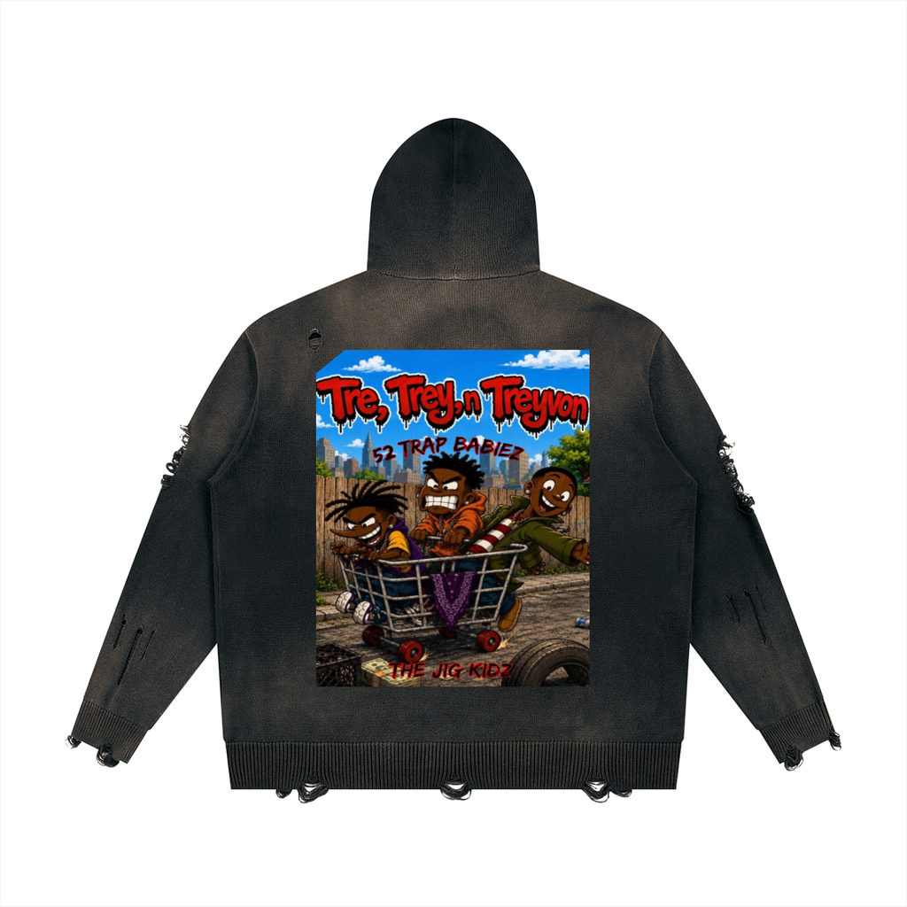 Unisex Distressed Full Zip Sweater